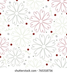 seamless christmas pattern with hand drawn flower and dot glitter on white background