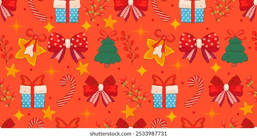 Nahtloses Weihnachtsmuster mit handgezeichneten Bögen, Ornamenten und Feiertagsdekorationen. Perfekt für Geschenkverpackungen, Urlaubsdesigns und festliche Vektorprojekte