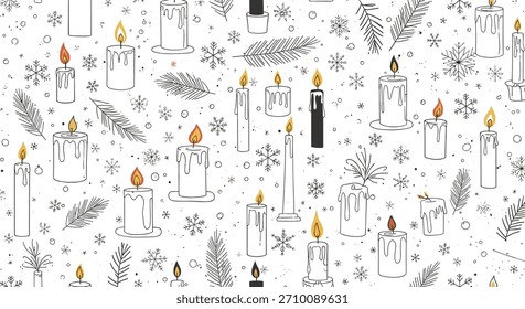 Patrón de Navidades sin fisuras con velas encendidas dibujadas a mano, copos de nieve y ramas de pino sobre un fondo blanco para las vacaciones de invierno.