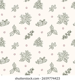 Seamless Christmas pattern with hand-drawn cinnamon sticks, festive berries, poinsettia flowers, and holly leaves. Minimalistic line art design 