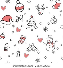 Patrón de Navidades sin fisuras con Elementos festivos de estilo doodle dibujados a mano. Lindo diseño mínimo, perfecto para envolver papel, textiles, tarjetas de felicitación, fondos y decoraciones de vacaciones.
