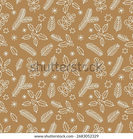 Seamless Christmas pattern with hand-drawn holly leaves, eucalyptus branches, pine needles, stars and snowflakes on gold background. Modern holiday vector for wrapping paper, packaging, fabric