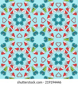 Seamless Christmas pattern. Hand-drawn round ornament of Santa Claus hats, Christmas trees, candy hearts and bows.