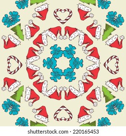 Seamless Christmas pattern. Hand-drawn round ornament of Santa Claus hats, Christmas trees, candy hearts and bows.