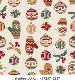 Patrón de Navidades sin fisuras con adornos vintage dibujados a mano, mitones, bayas de acebo y flores de invierno en estilo de arte popular. Ilustración vectorial dibujada a mano
