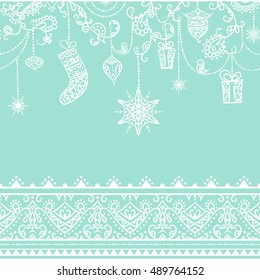 Seamless christmas pattern with hanging decoration. toys, gift, stocking, snowflake, bird and seamless lace border . Greeting card template. Vector illustration.