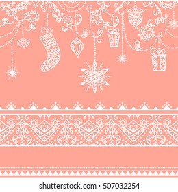Seamless christmas pattern with hanging decoration. toys, gift, stocking, snowflake, bird and seamless lace border . Greeting card template. Vector illustration.