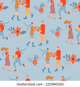 Seamless Christmas pattern. Happy couple with gift box. Man giving to his woman a present. Vector illustration for textile, postcard, wrapping paper, poster, background, cover, t-shirt.