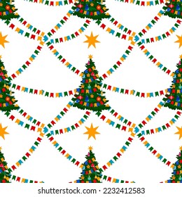 Seamless Christmas pattern. Happy new year. Christmas tree with garlands. Vector illustration. Can be used for wrapping paper design, postcards, textile design. 