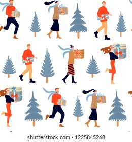 Seamless Christmas pattern. Happy people with Christmas gifts and fir-tree. Vector illustration for textile, postcard, wrapping paper, poster, background, cover, t-shirt.