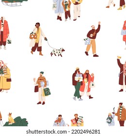 Seamless Christmas pattern with happy people shopping for winter holidays. Xmas lifestyle background, print with characters, gift boxes, bags, purchases. Colored flat graphic vector illustration