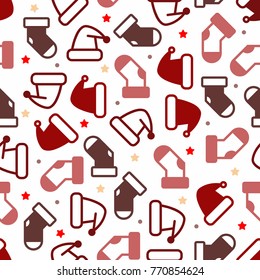 seamless christmas pattern with hat and sock on white background