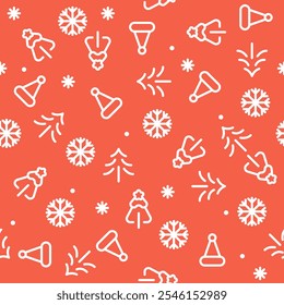 Seamless Christmas Pattern with Hats, Trees, Snowflakes, and Decorative Elements for Gift Wrap