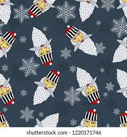 Seamless Christmas pattern of the heads of the prison Santa Claus with snowflakes