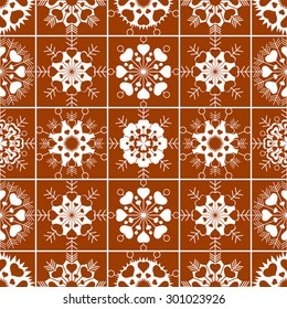 Seamless Christmas pattern with heart view snowflakes. New Year, Holiday, Valentine day, birthday theme texture. Unusual white heart ornament on light brown, red-brown background. Vector
