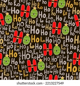 Seamless christmas pattern with ho ho lettering on dark background for wrapping paper or textile print, winter wallpaper for kids
