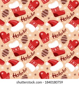 Seamless Christmas Pattern of Ho-Ho-Ho Lettering, Red Hats, Santa Boots and Mittens, Pine Cones, Stars and Snowflakes, on a Light Beige Background, Vector Illustration