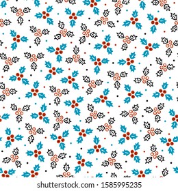 Seamless Christmas Pattern with Holly Berries. Doodle Ilex Branch with Berry and Leaf. Mistletoe Berries with Leaves Vector Background for Winter Holidays, Christmas and New Year Design