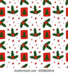 Seamless Christmas pattern with holly berries and stars. Cute seasonal vector seamless pattern with mistletoe, leaves and berries. Patern for wrapping paper and clothes in Christmas style.