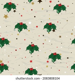 Seamless Christmas pattern with holly berries ink style. Vector illustration EPS8.