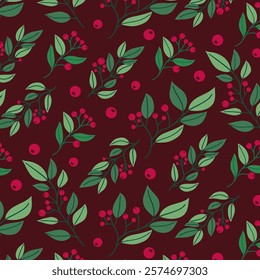 Seamless Christmas pattern with Holly Berries. Hand drawn red berries and green leaves. Holiday ornament with holly berry. Perfect for greeting card, fabric, wrapping paper. Vector illustration.