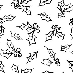 Seamless Christmas Pattern With Holly Berry Vector Branches. Decorative Vector Ornament For New Year Holidays. Winter Seamless Pattern With Sketched Holly Leaves. Hand Drawn Black Drawing Elements.