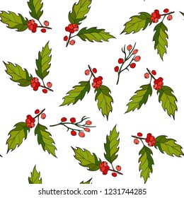 Seamless christmas pattern with holly berry. Vector illustration