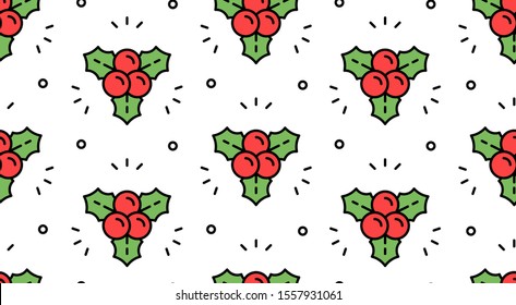 Seamless Christmas pattern with holly berry. Isolated on White background