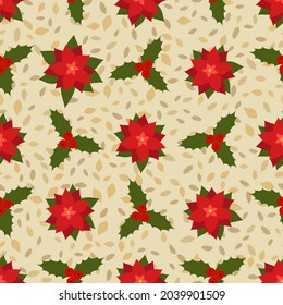 Seamless Christmas pattern with holly berry and poinsettia vector illustration
