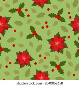 Nahtlose Weihnachtsmuster mit Holbeeren und Poinsettia, Vektorgrafik