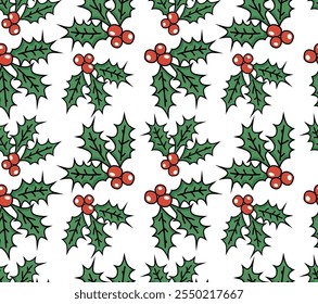 Seamless Christmas pattern with holly branches with berries. Ideal for holiday wrapping paper, textiles.