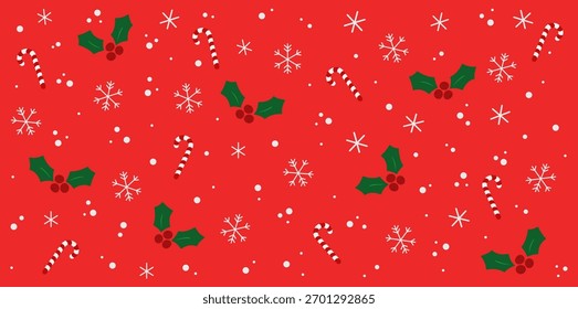 Seamless Christmas pattern with holly, candy canes, snowflakes and falling snow on red background