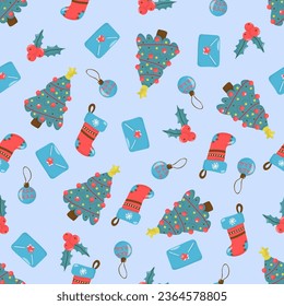 Seamless Christmas Pattern with holly, envelope, fir tree, Christmas stocking, Christmas ball. On a blue background, in a hand-drawn style. Cute Cartoon Illustration. 