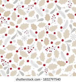Seamless Christmas pattern with holly leaves and berries on a white background.