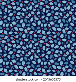 Seamless Christmas pattern with holly leaves and berries. Simple cartoon style. Seamless background for winter holidays decoration, wrapping paper, fabric.