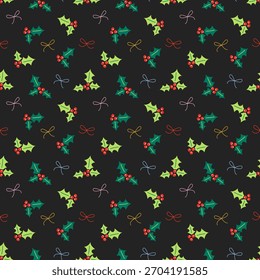 Seamless Christmas pattern with holly leaves, red berries, and colorful bows on black background. Festive, holiday, decorative design perfect for wrapping paper, textiles, and digital backgrounds.