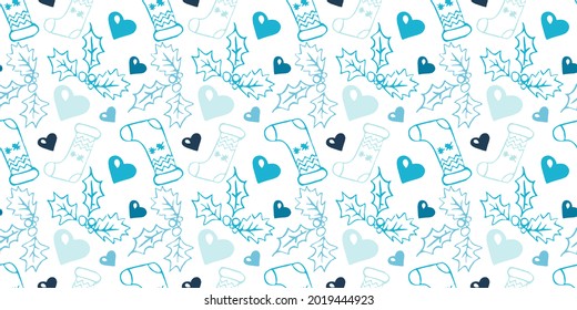 seamless Christmas pattern with holly plant, gift sock, candy and hearts