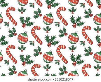 Seamless Christmas pattern with holly sprigs, Christmas toys and candy cane. Ideal for holiday wrapping paper, textiles.