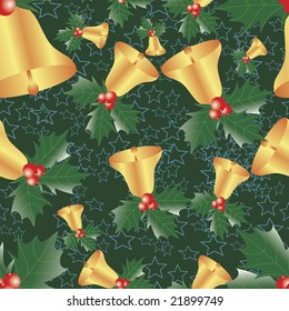 Seamless Christmas pattern with holy plant, golden bells and green stars.