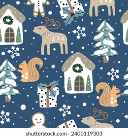 Seamless Christmas pattern with houses, pine trees, reindeer, gift boxes, snowman bread, snowflakes. snow on blue background Used for wallpaper Textile and printing