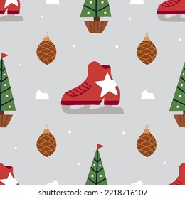 Seamless Christmas pattern with ice skates. Modern holiday winter wallpaper. Background for gift wrapping. Vector pattern in a flat style.
