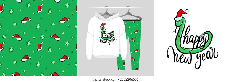 Patrón de Navidades sin costuras e ilustración con serpiente linda en sombrero de Navidad, Feliz año nuevo 2025, personaje de dibujos animados de vacaciones de animales de Santa Claus. Diseño lindo para la ropa, camiseta, invitación, envoltura