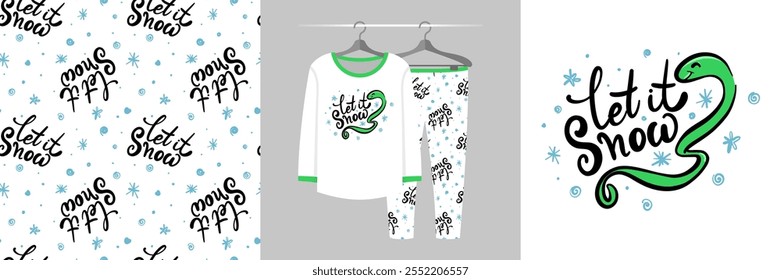 Patrón de Navidades sin fisuras e ilustración con serpiente linda, Let it snow text, Feliz año nuevo 2025, personaje de dibujos animados de vacaciones de animales de Santa Claus. Diseño lindo para la camiseta, decoración, invitación, envoltura
