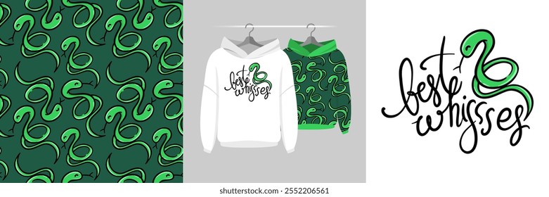 Seamless Christmas pattern and illustration with cute hissing snake, Happy new year 2025, Santa Claus animal holidays cartoon character. Cute design on pajamas for clothes, t-shirt, decor, invitation