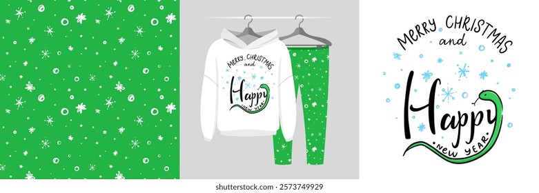 Seamless Christmas pattern and illustration with cute snake in xmas hat, Happy new year 2025, Santa Claus animal holidays cartoon character. Cute design on pajamas mockup