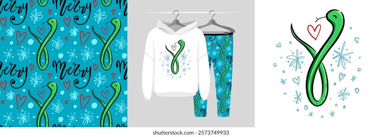 Seamless Christmas pattern and illustration with cute snake and snowflake, Merry text. Baby background, cute design showcased on garments, best for t-shirt print, card, wrapping