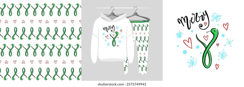 Seamless Christmas pattern and illustration with cute snake and snowflake, Merry text. Baby background, cute design showcased on garments, best for t-shirt print, card, wrapping