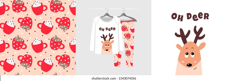 Seamless Christmas pattern and illustration for kid with fawn, text Oh deer. Cute design on pajamas mockup. Baby background for clothes wear, room decor, t-shirt, baby shower invitation, wrapping