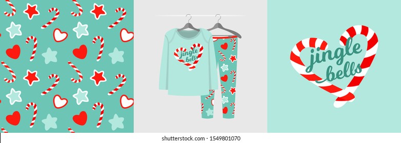 Seamless Christmas pattern and illustration for kid with candy. Cute design on pajamas mockup. Baby background for clothes wear, room decor, t-shirt, baby shower invitation, wrapping