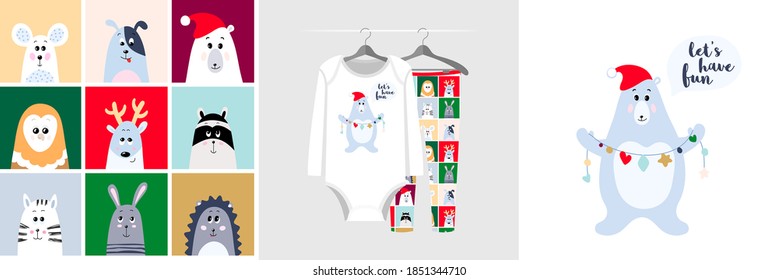 Seamless Christmas pattern and illustration for kid with funny pets. Cute design pajamas on hanger. Baby background for clothes, room decoration, wrapping, t-shirt print, wear fashion, invitation card